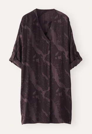 Jacquardkleid mit V-Ausschnitt, Aubergine, webstill